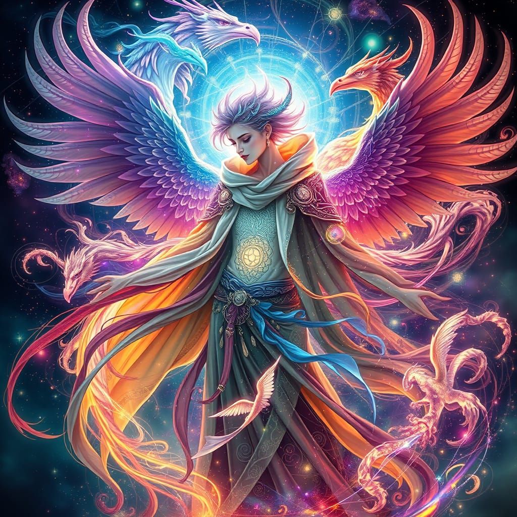 Whirling Ethereal Being in Vibrant, Surreal Landscape