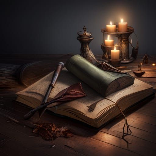 Hyperdetailed Witch's Book Page with Broom