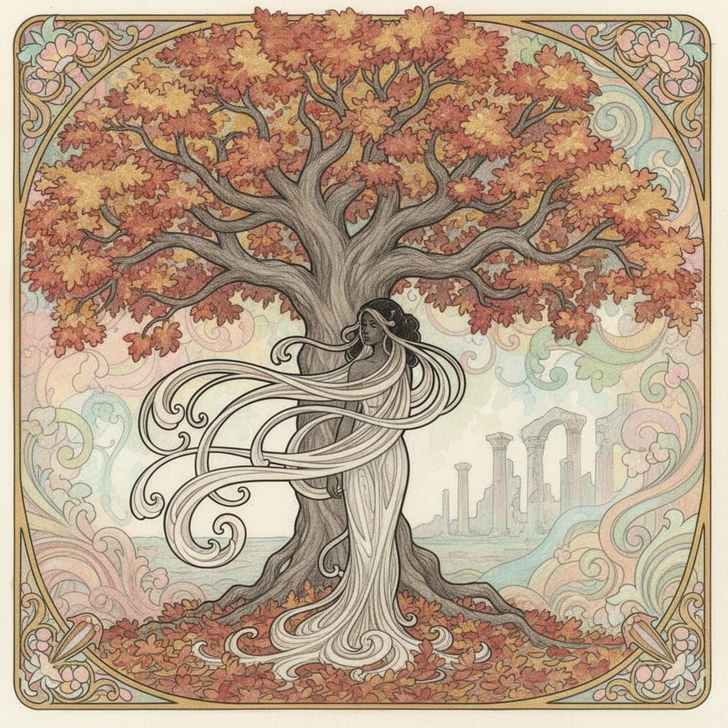 Art Nouveau African Woman Under Autumn Tree