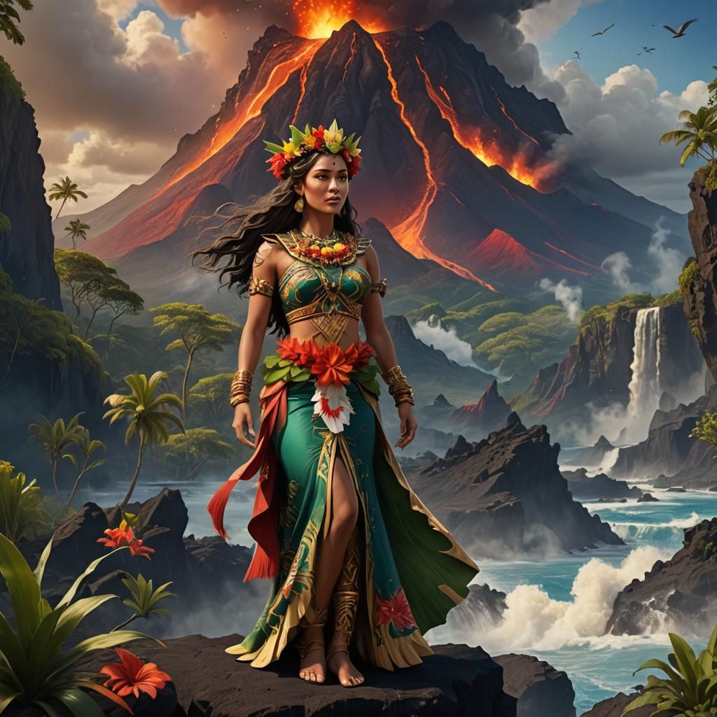 Hawaiian Goddess in Front of a Volcano