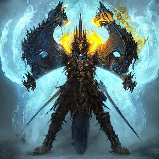 Dark Fantasy Warrior with Fire Swords, Digital Art