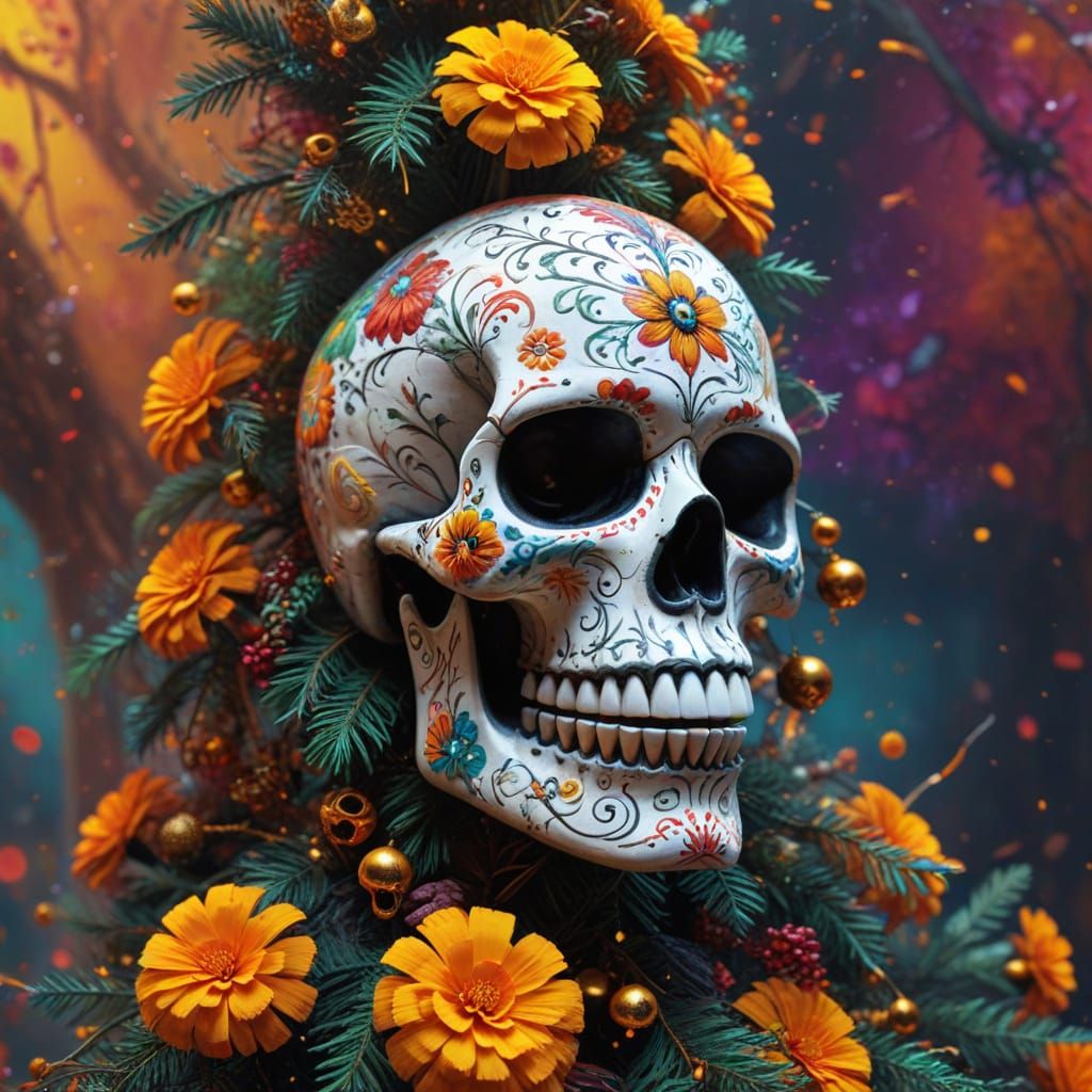 Day of the Dead Christmas Tree with Skulls and Marigolds