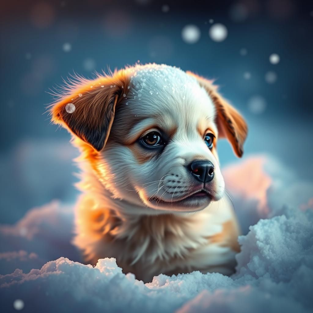 Adorable Puppy Covered in Snow: Hyperrealistic Splash Art