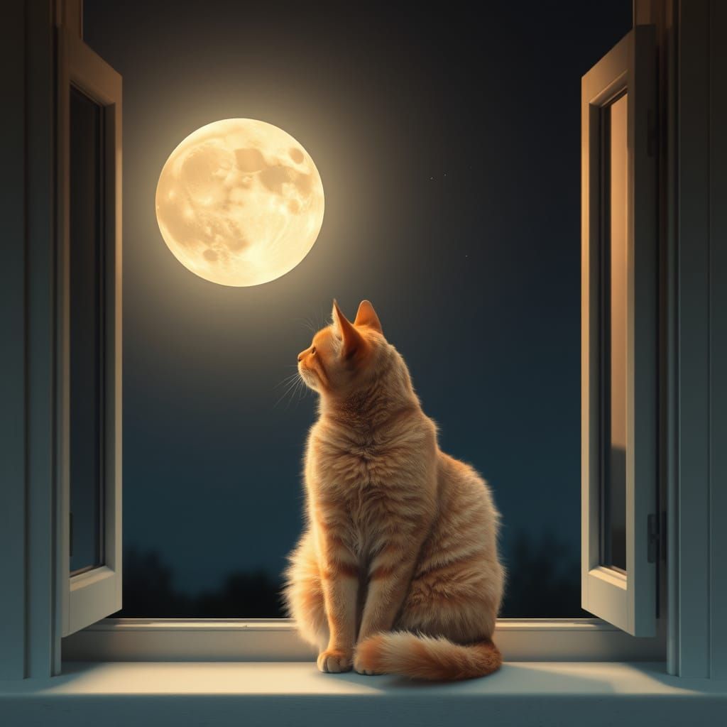 Orange Cat Gazes at Full Moon in Double Exposure Photo