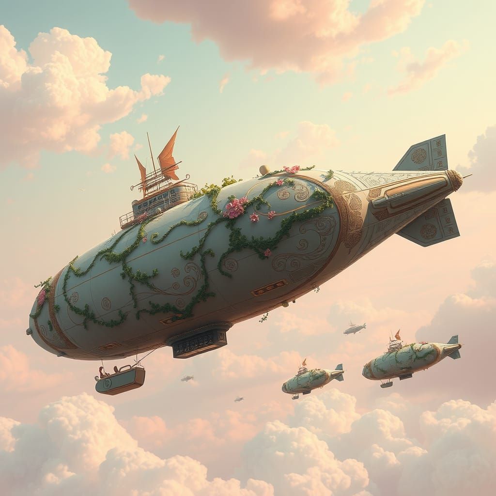 Botanical Airships in Pastel Sky, Surreal Art Nouveau