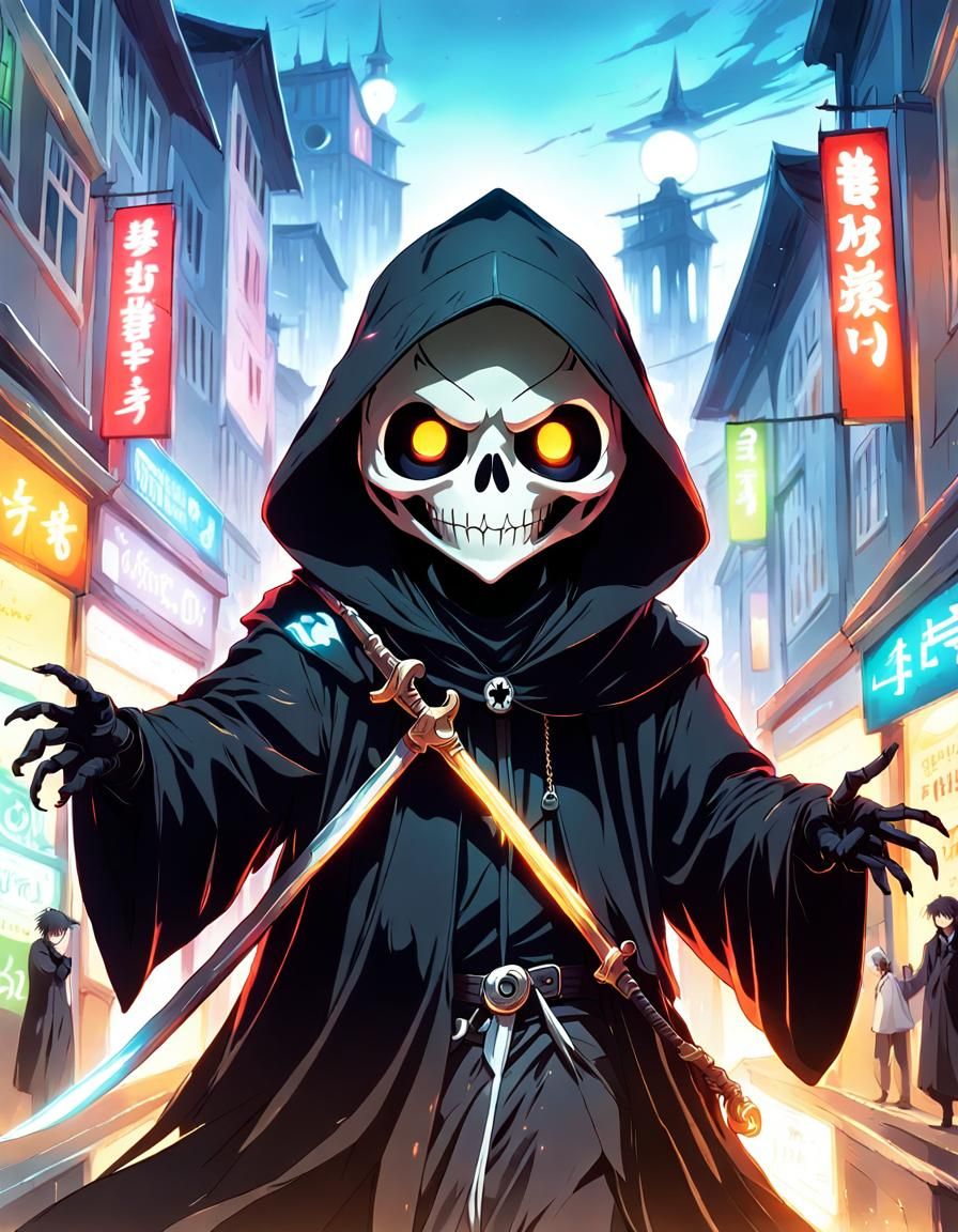 Joyful Anime Grim Reaper in Hospital Setting