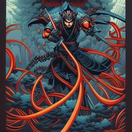 Samurai Octopus in Hokusai Comic Art Style