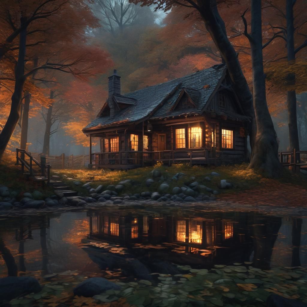 Autumn Cabin in Woods: Fantasy Concept Art