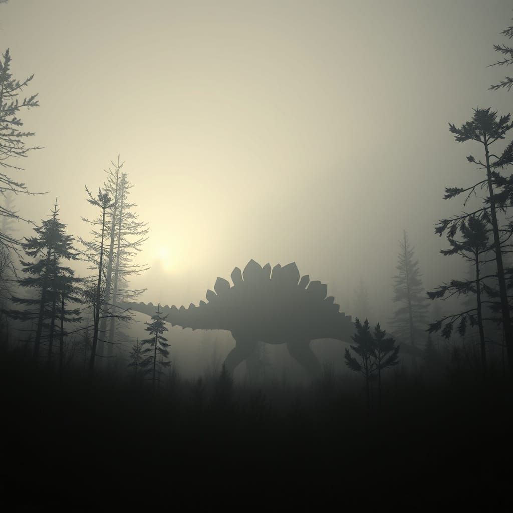 Ethereal Foggy Forest Silhouette of Dinosaur Clown