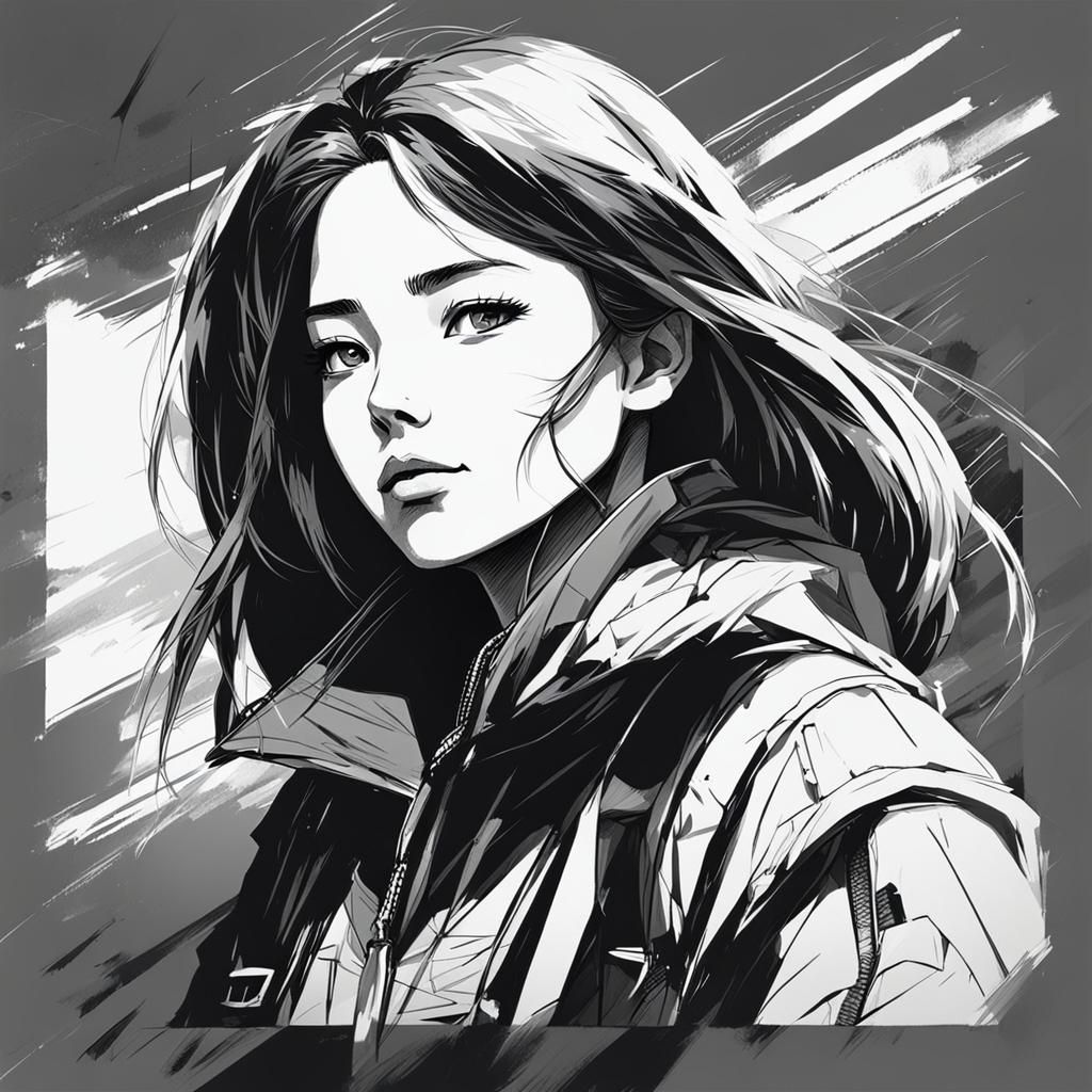 Anime Woman in Black and White Sketch Style