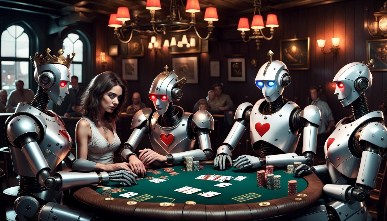 Poker Playing Robots in Irish Pub, Detailed Art