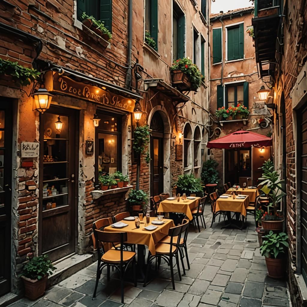 Venetian Family Restaurant in Alley: Cinematic Film Still