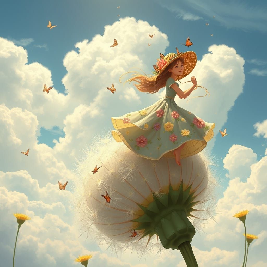 Whimsical Dreamer Rides Giant Dandelion
