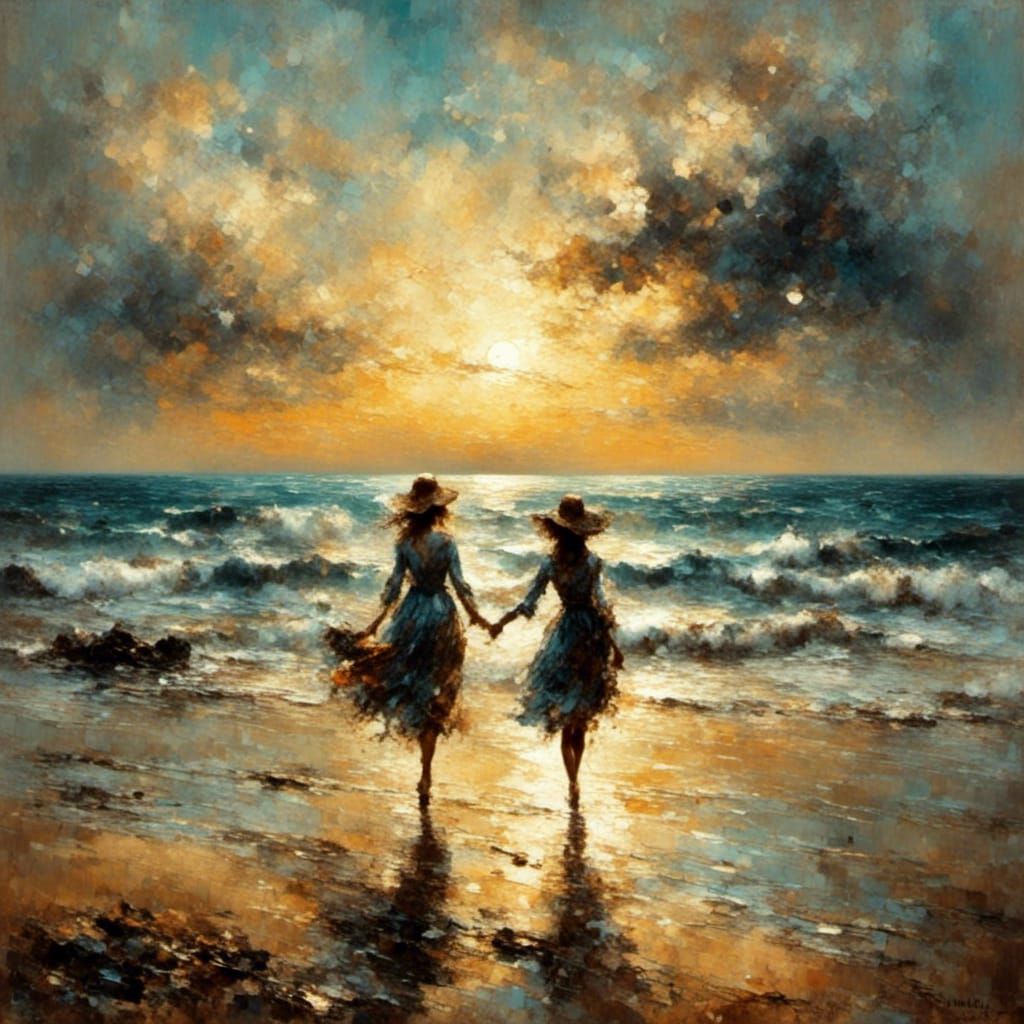 Woman Walks on Beach in Dramatic Lighting