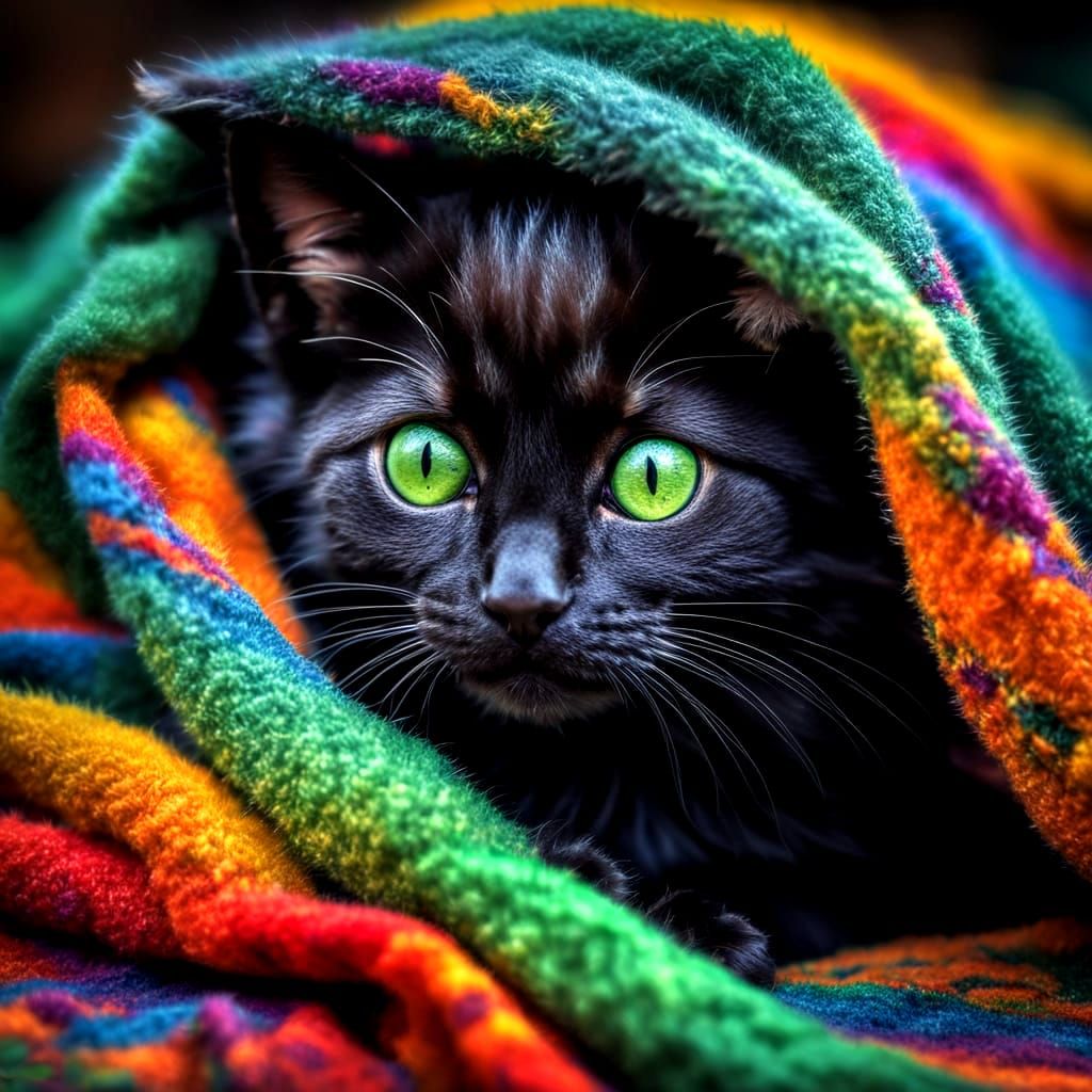 Cute Fluffy Kitten Peers Out Under Colorful Blanket