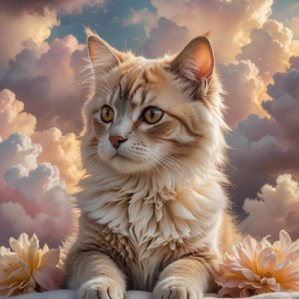 Cat and Dog in Clouds: Soft Pastel Art