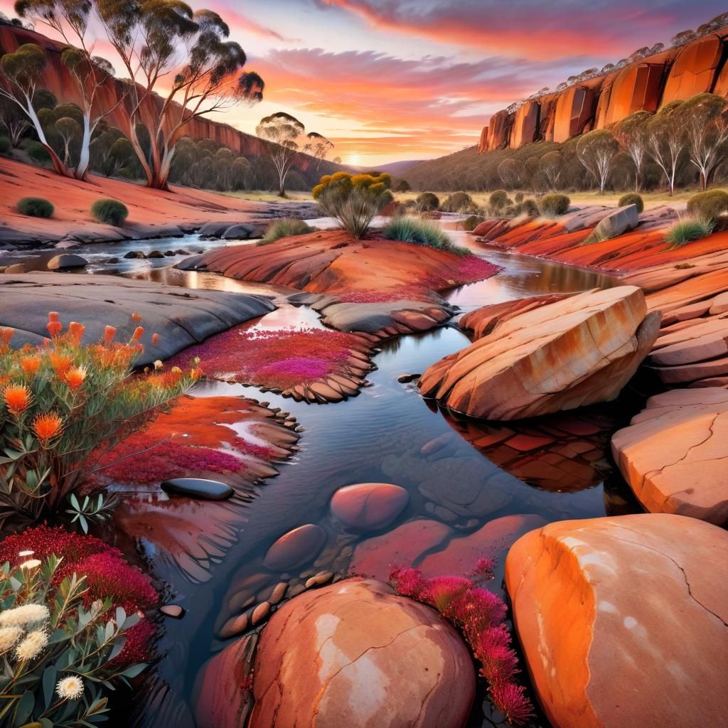 Vibrant Australian Sunset Landscape with Wildflowers
