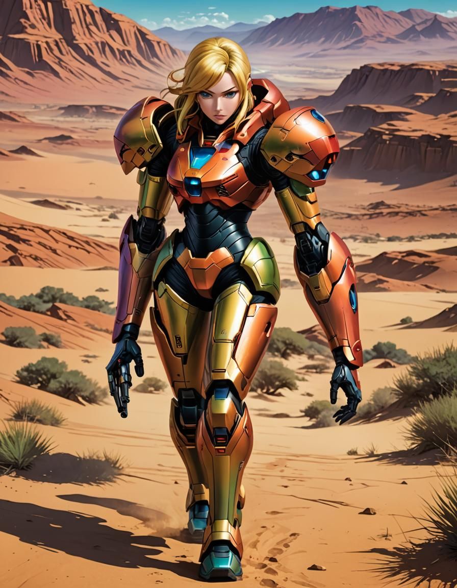 Samus Aran Walks in Desert: Anime Style Illustration