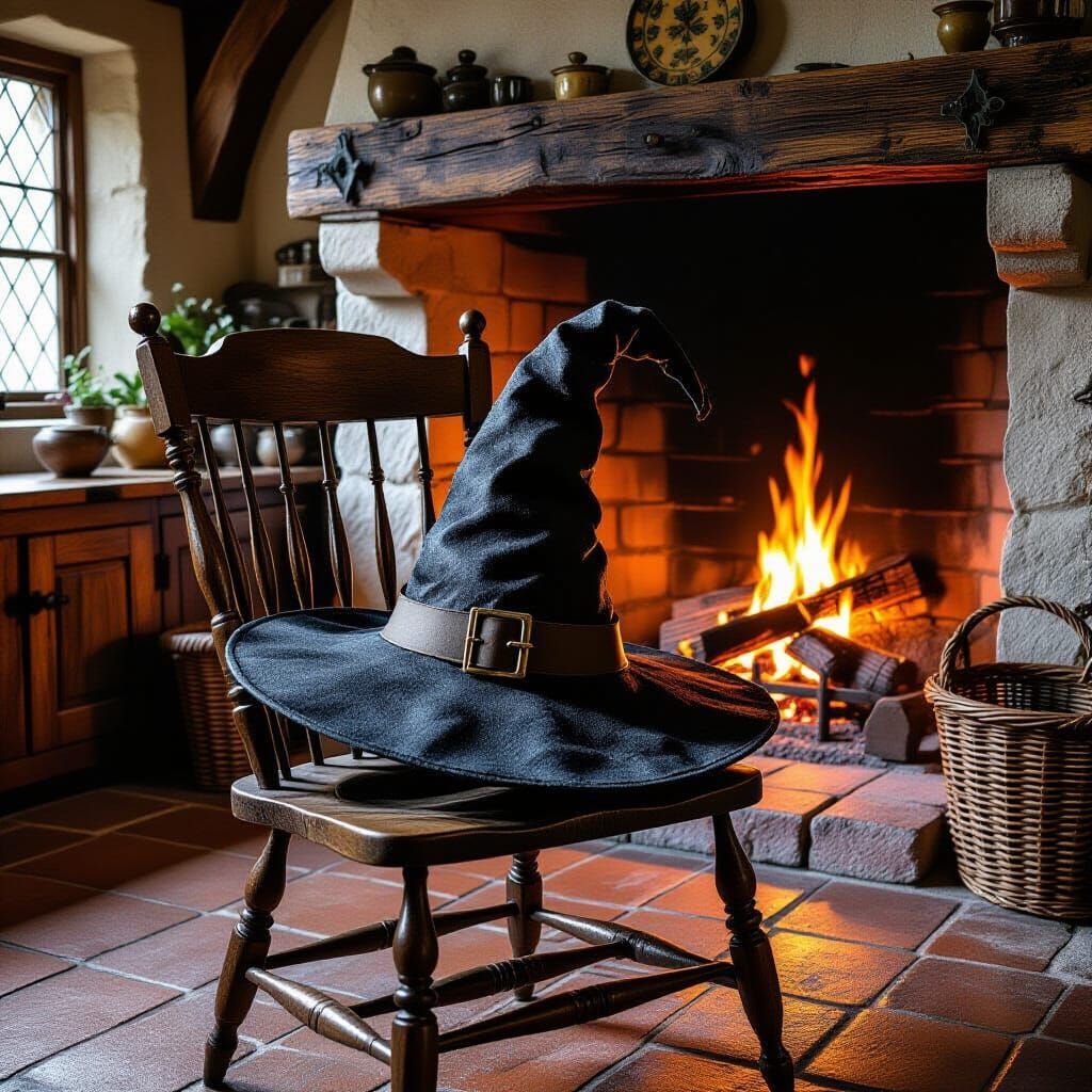 Witch's Hat in Medieval Kitchen, Golden Light