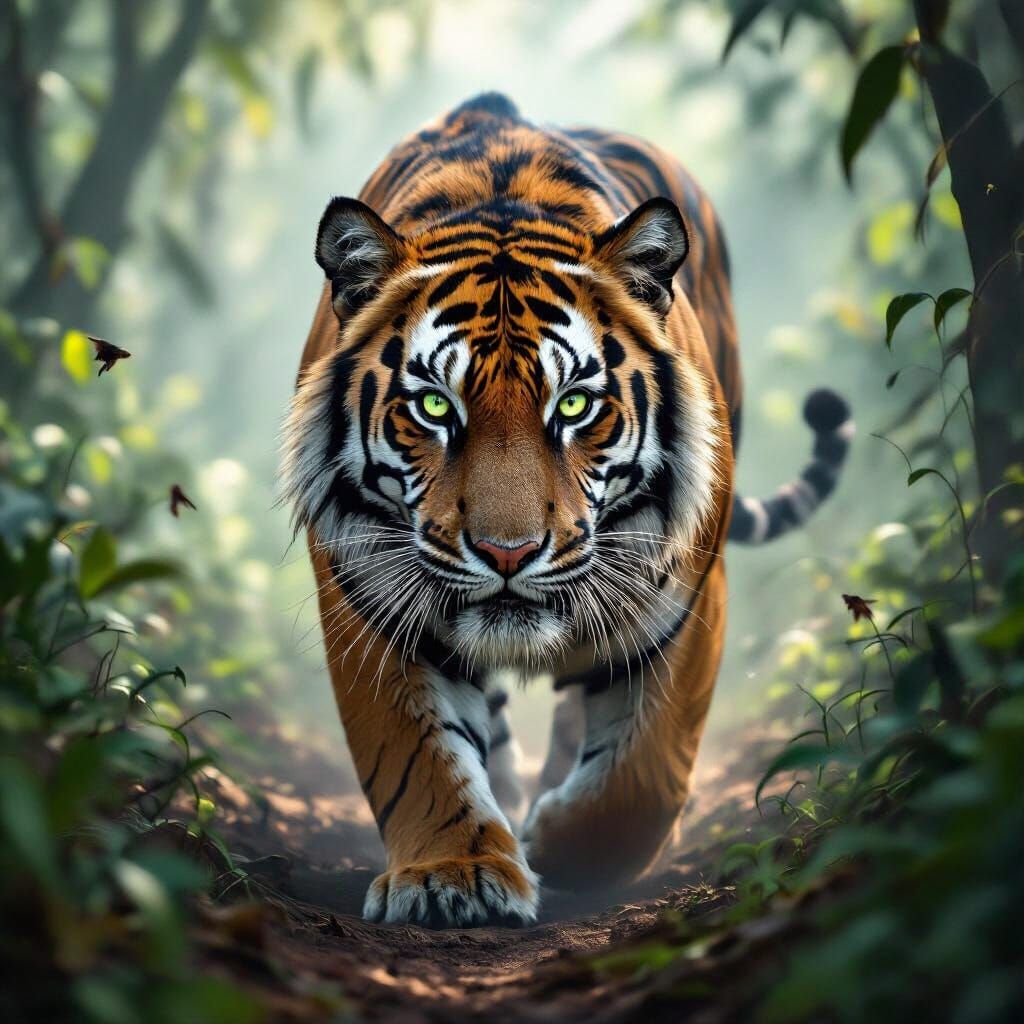 Bengal Tiger Prowls Jungle in Hyperrealistic Style