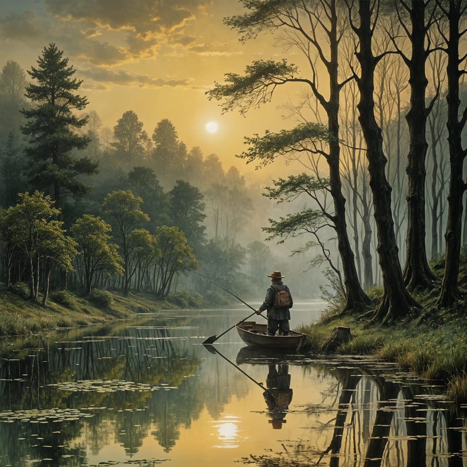 Serene Waterhouse-Inspired Landscape with Fisherman