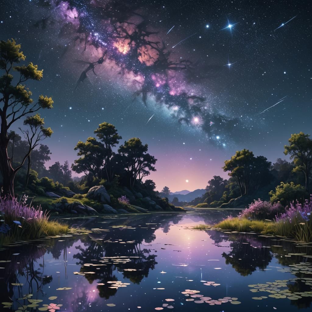 Fantasy Pond Reflects Starry Night: Digital Art
