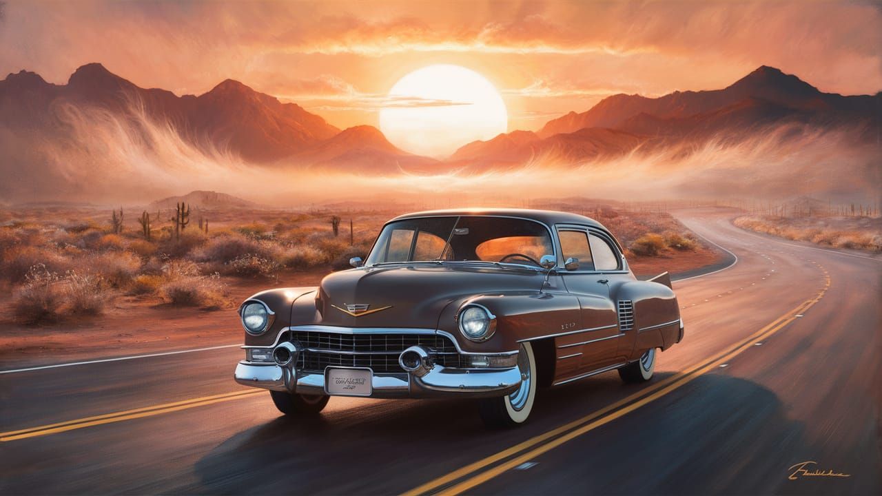 Cadillac Cruises Desert Highway: Kinkade-Inspired Sunset