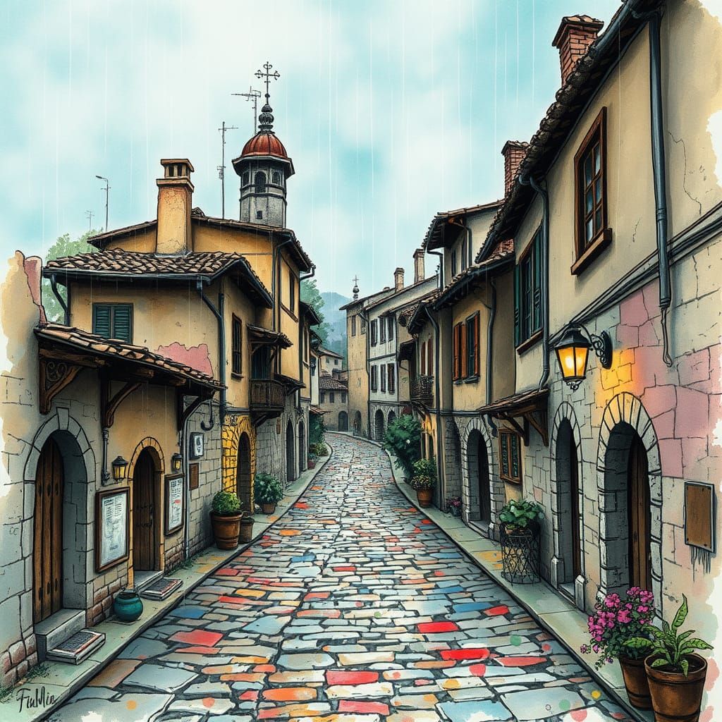 Ancient Town in Rain with Watercolor Textures