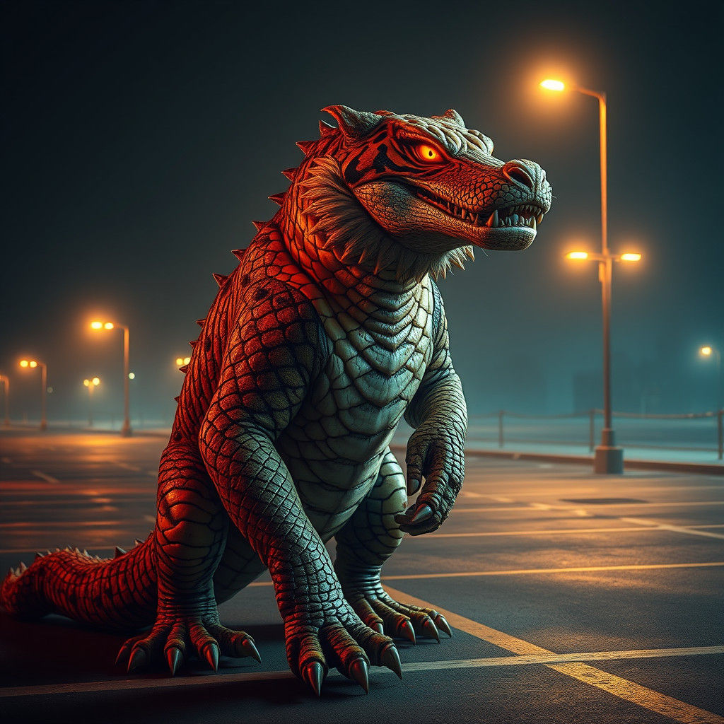 Tiger-Crocodile Hybrid in Parking Lot, Concept Art