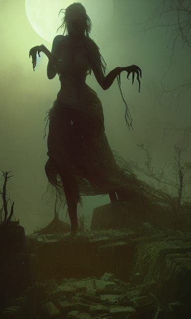 Zombie Rises in Misty Graveyard, Digital Art