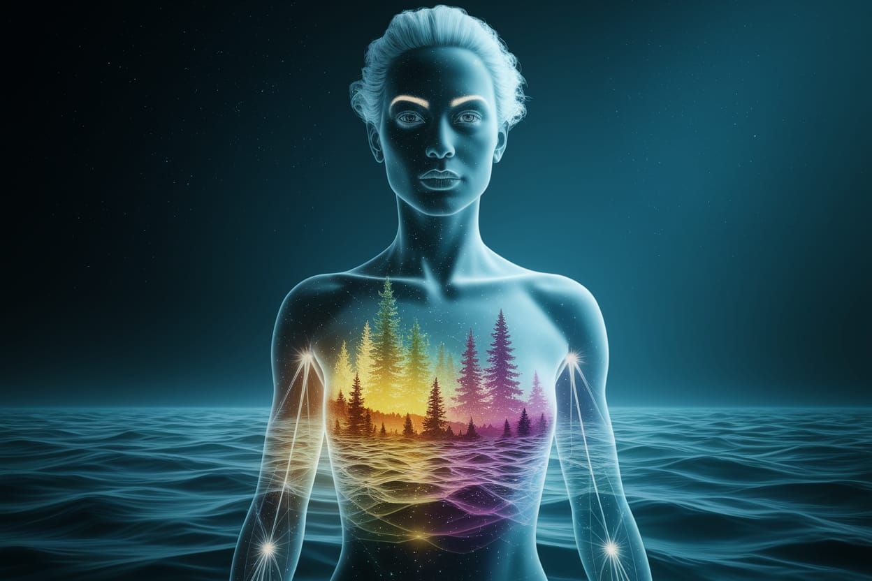 Bodyscape Double Exposure: Lady Merged with Vibrant Cosmic L...