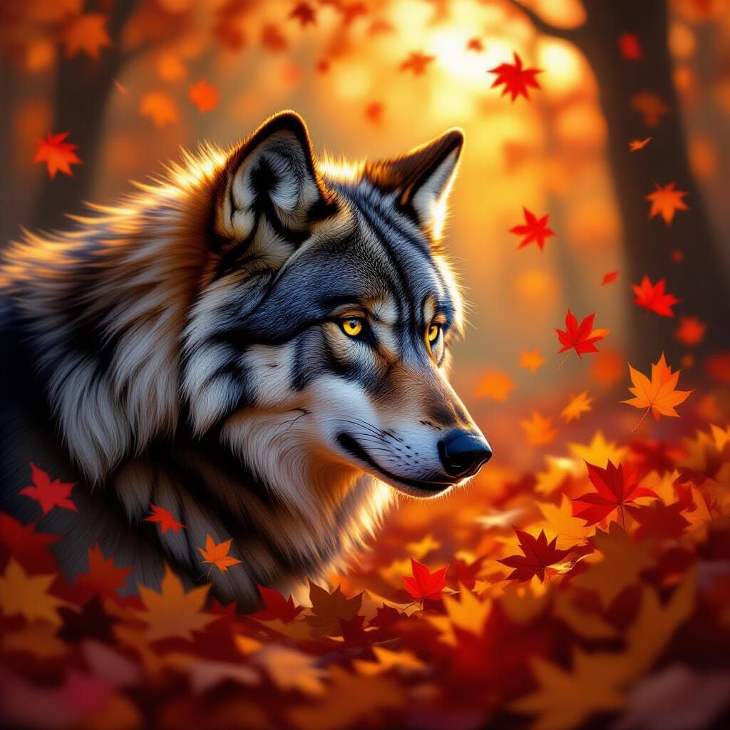 Wolf Dissolving into Autumn Leaves Vortex