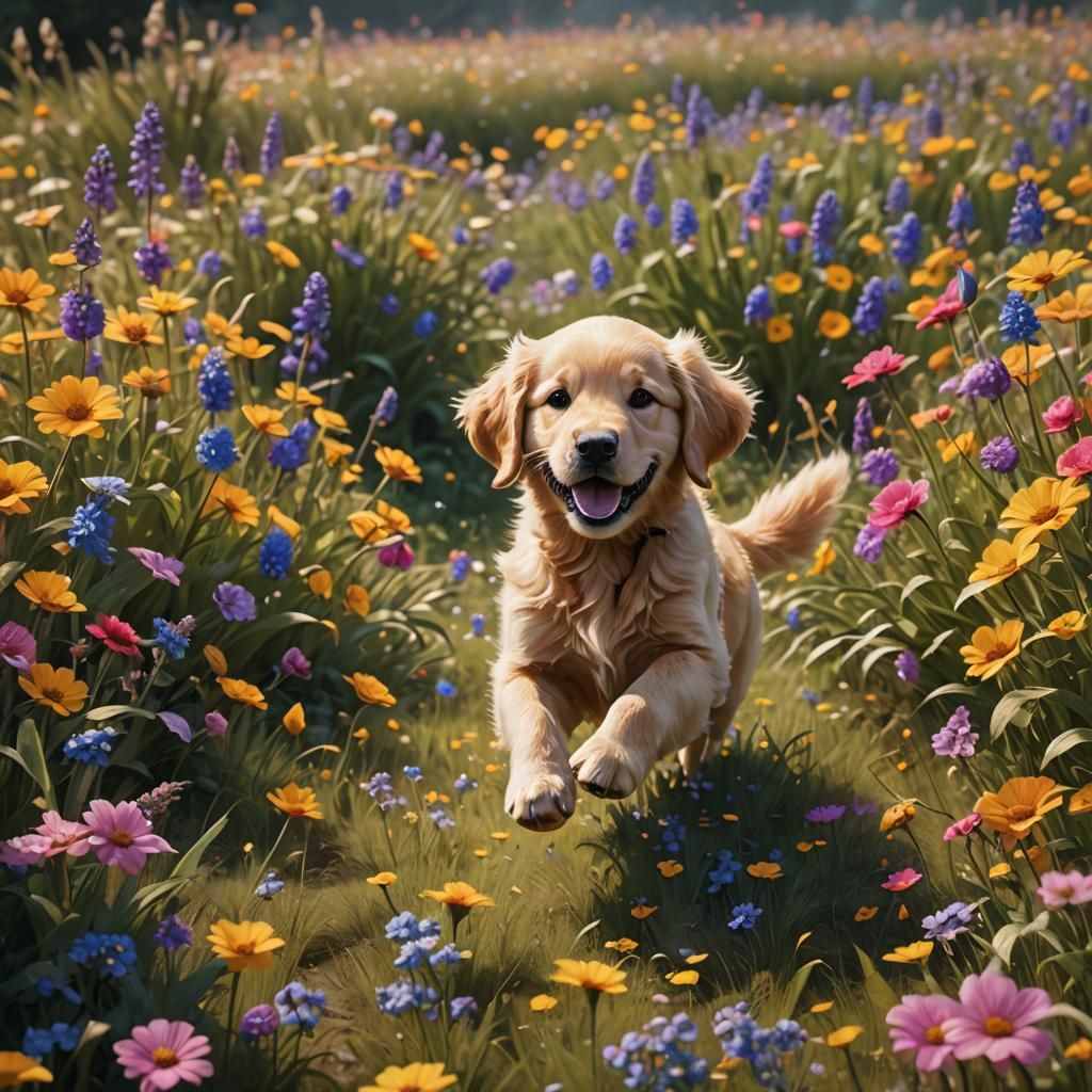 Golden Retriever Puppy in Flower Field: Fantasy Art