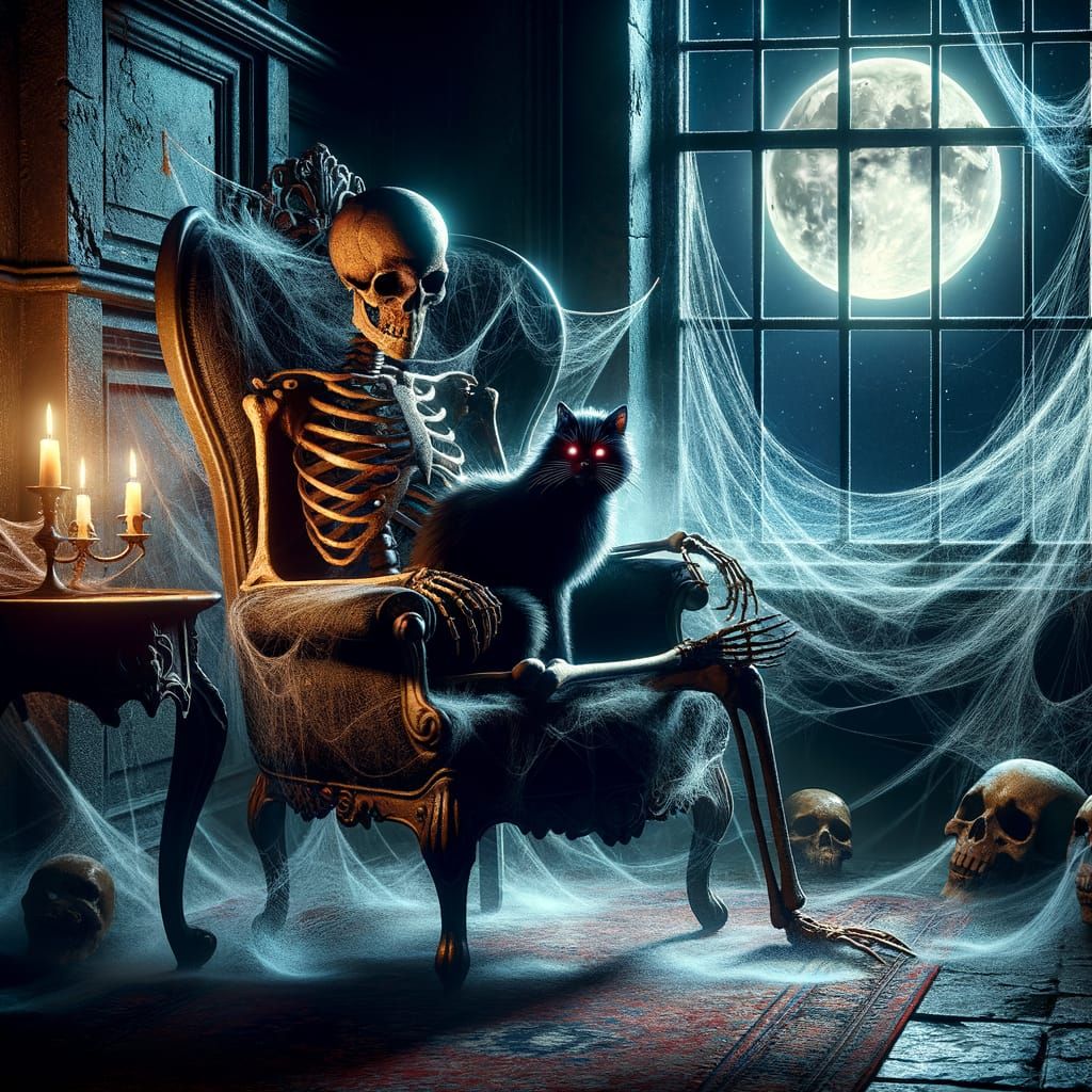 Eerie Skeleton with Glowing-Eyed Cat in Rococo Chair