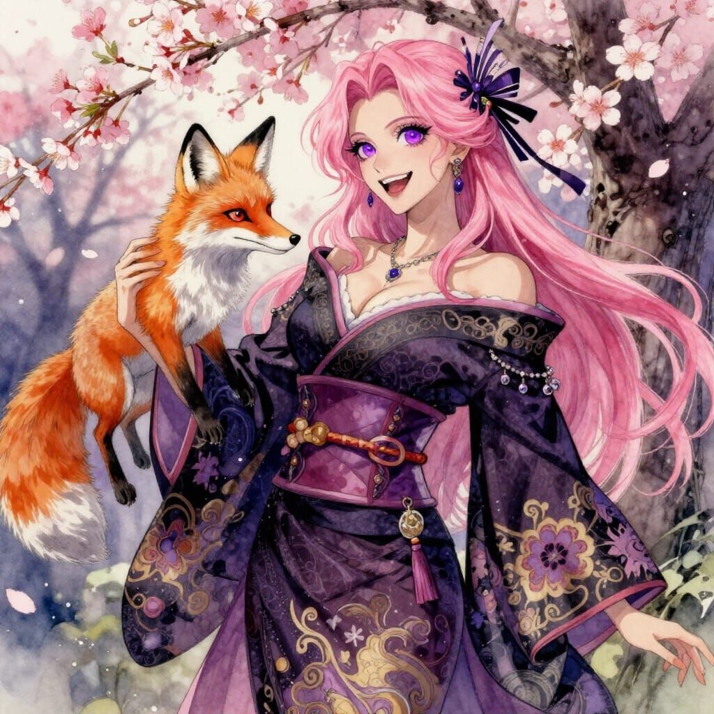 Gothic Kimono Woman with Fox in Cherry Blossoms