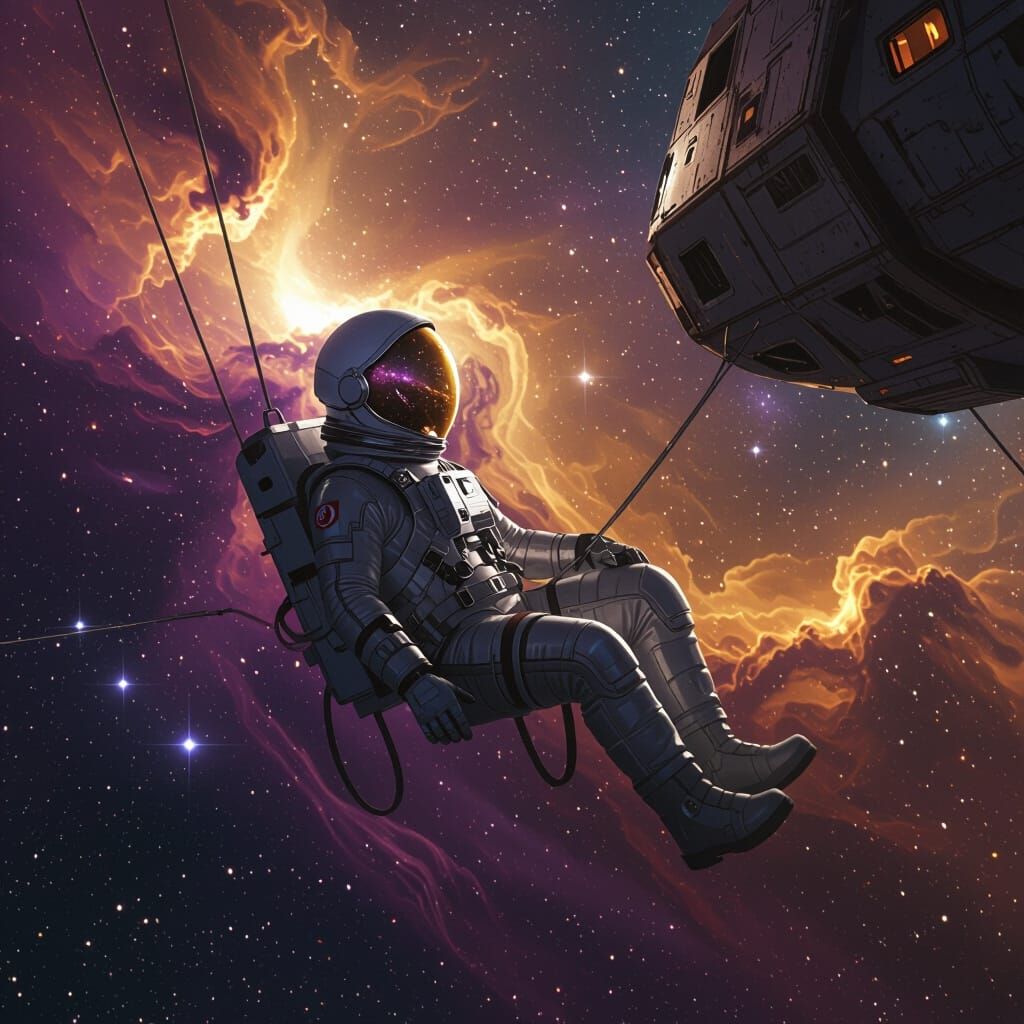 Astronaut Drifting in Purple and Gold Nebula