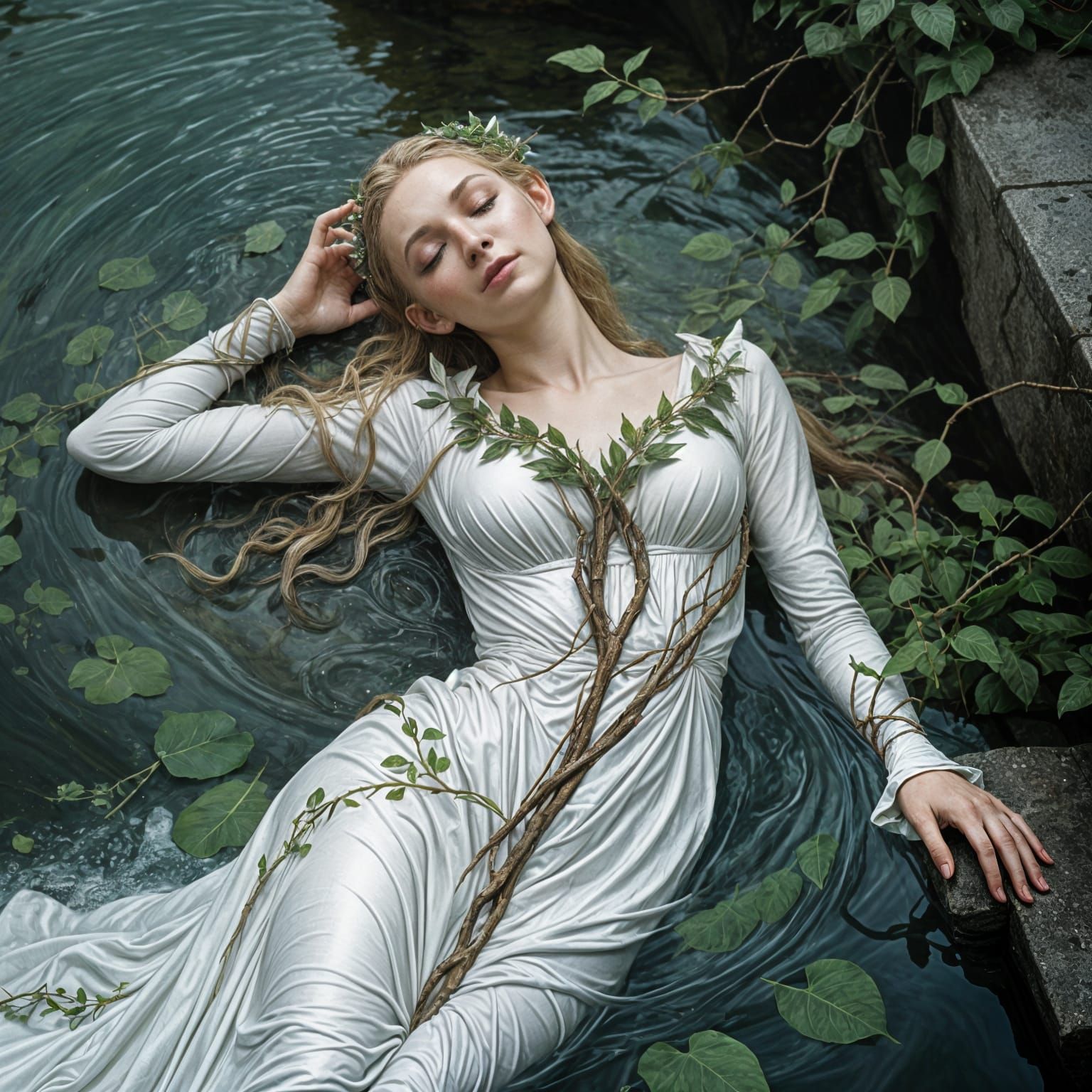 Elven Woman Galadriel Reclining on Water in Botticelli Style