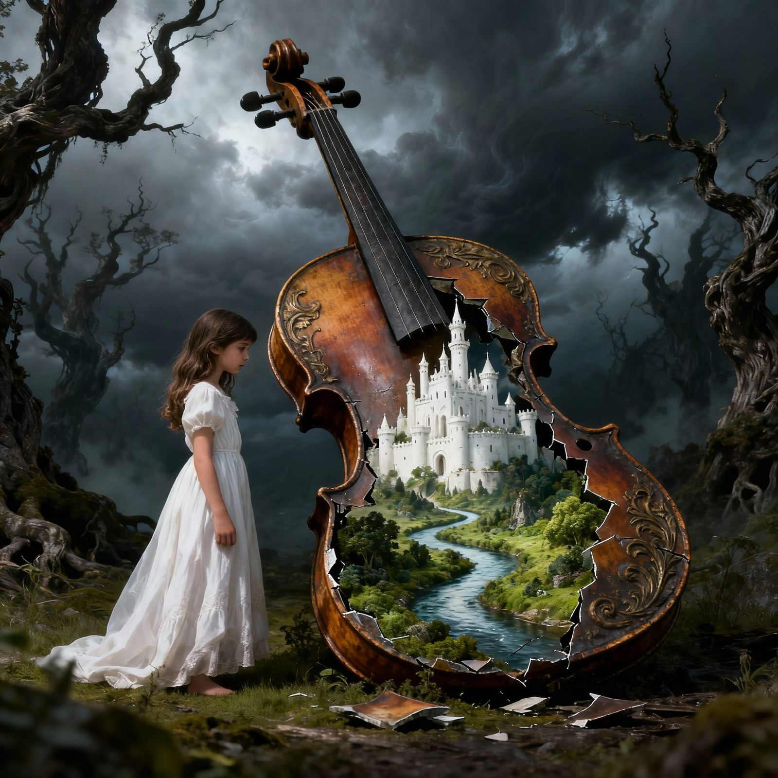 Girl with Broken Violin Revealing Fantasy World