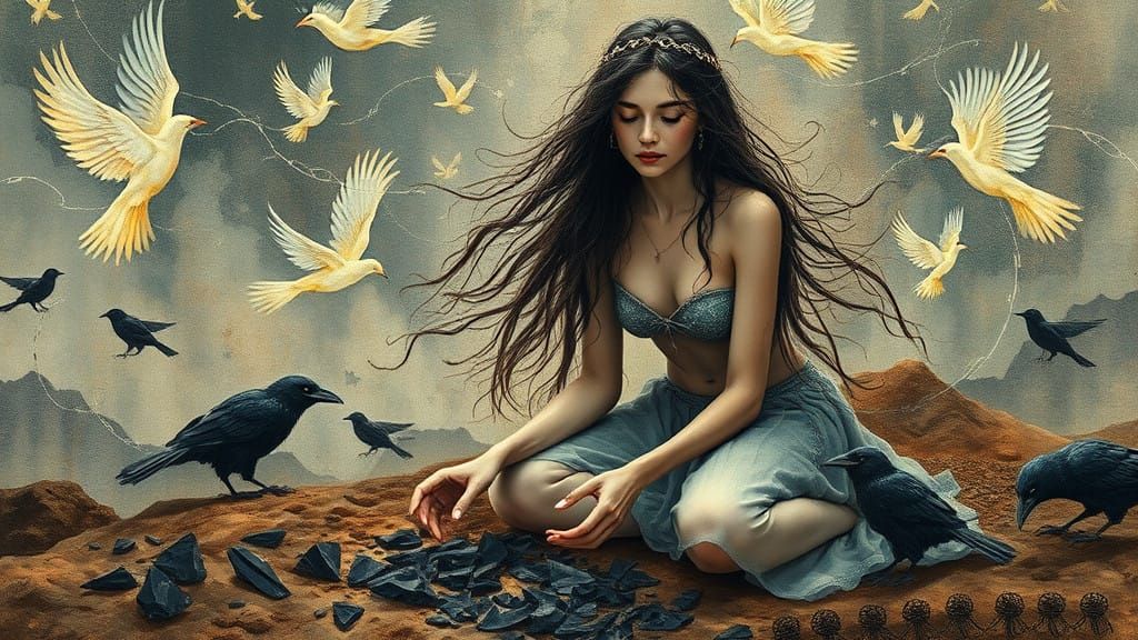 Surreal Goddess Collects Shattered Crow Feathers in a Dreaml...