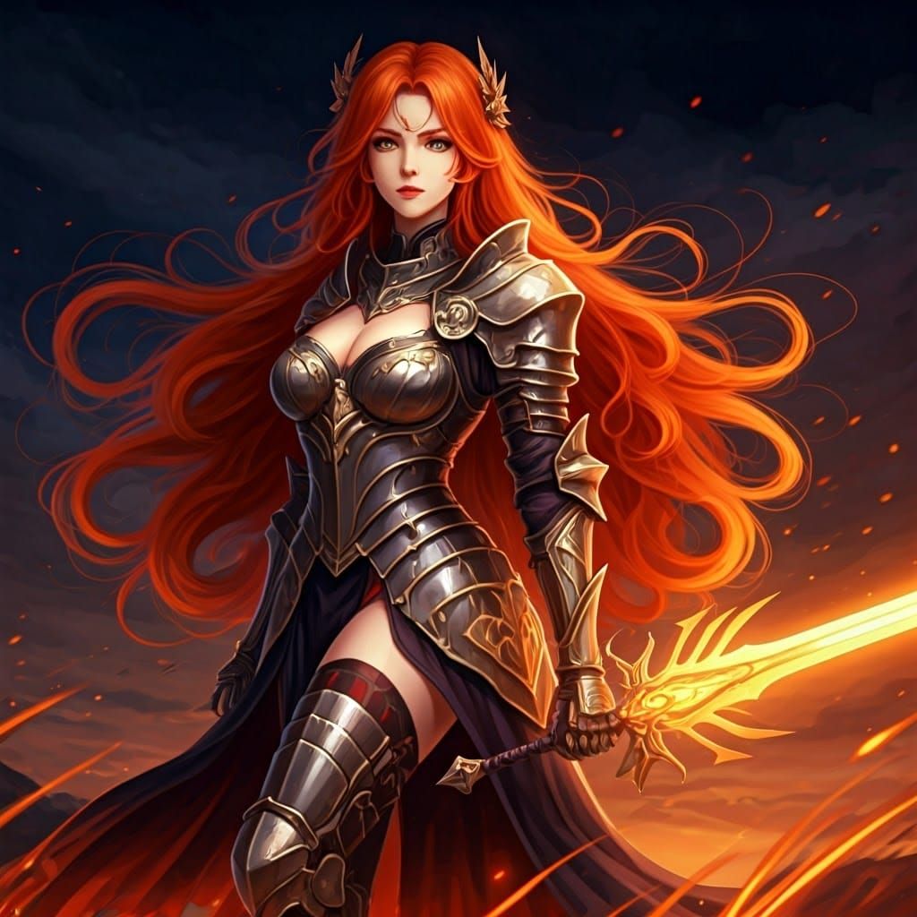 Armored Witch Heroine on Windswept Hill in Anime Style