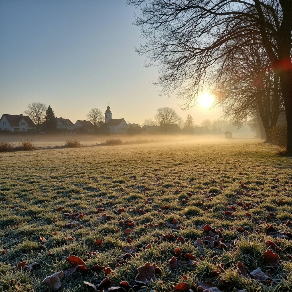 Frosty Dawn Landscape with Misty Village