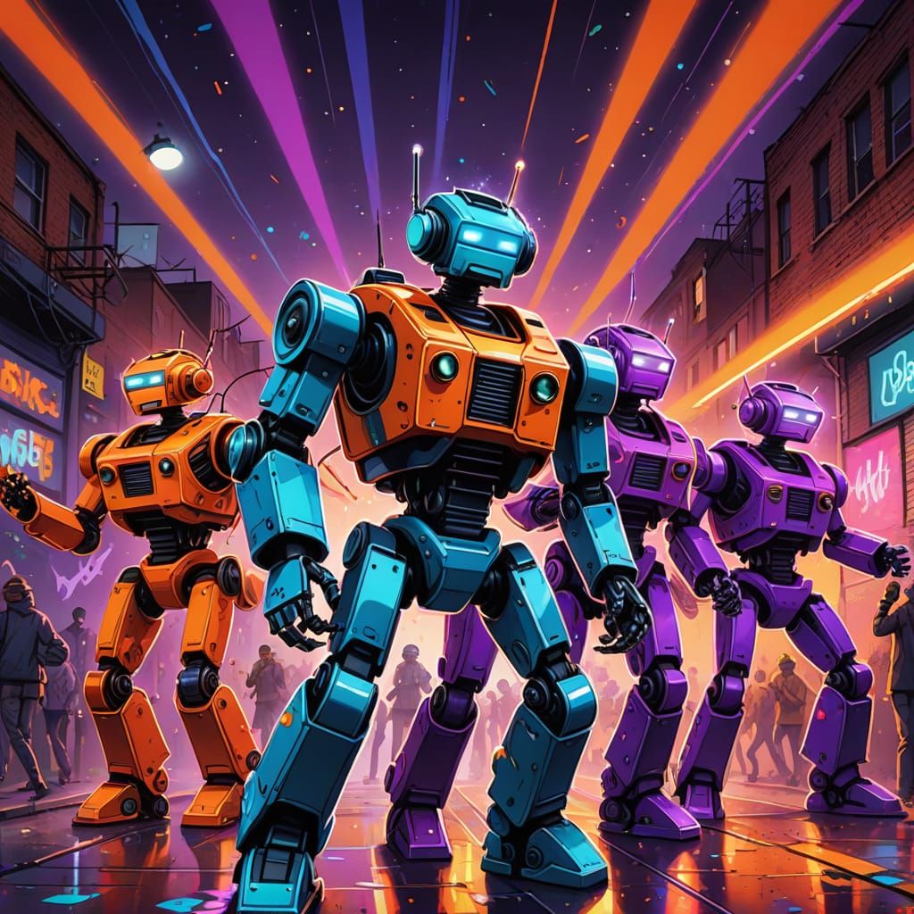 Vibrant Graffiti Art of Disco-Dancing Robots