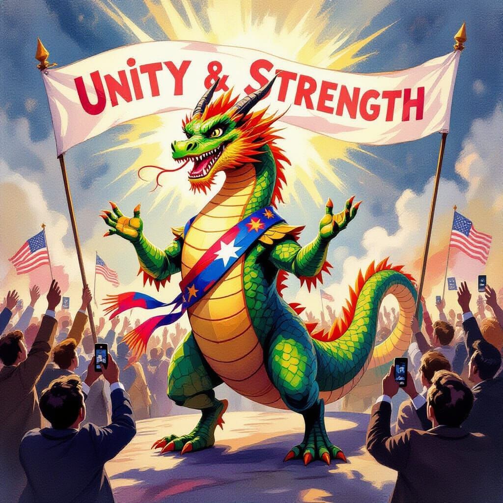 Majestic Dragon Leads Political Campaign in Gouache Painting