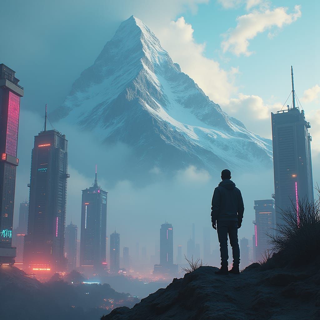 Cyberpunk Cityscape and Mountain View