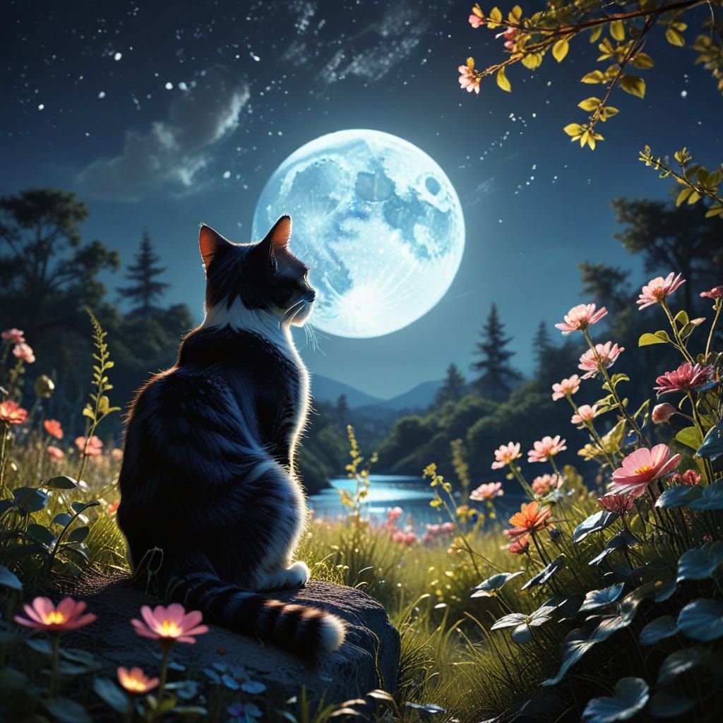 Moonlit Cat in Fantasy Floral Landscape
