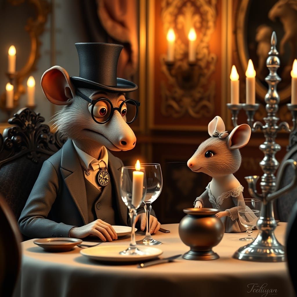 Whimsical Victorian Era Aardvark and Hamster Formal Dinner