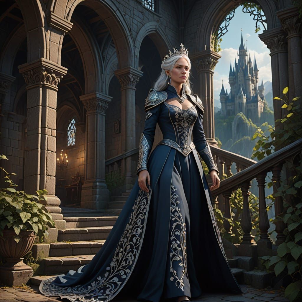 Regal Woman Descends Castle Staircase in Opulent Fantasy Set...