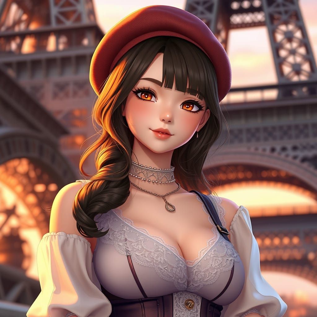 Elegant Parisian Woman Poses under Golden Sunset