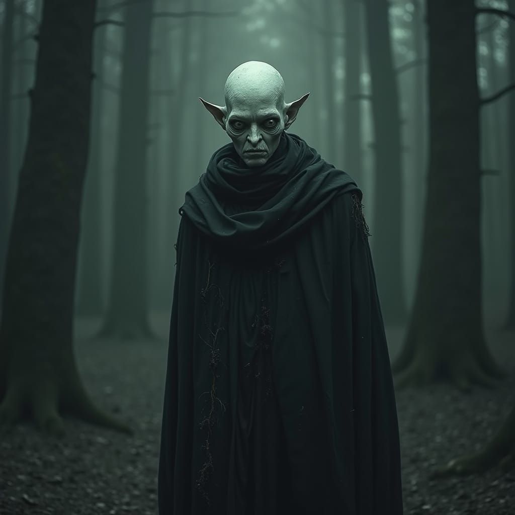 Eerie Pale Figure with White Eyes in Gothic Style