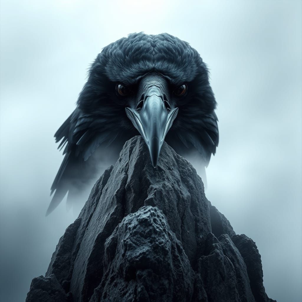 Regal Crow Perched on Misty Mountain Peak